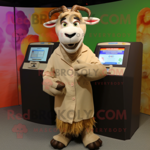 Tan Goat mascot costume character dressed with a Cover-up and Wallets