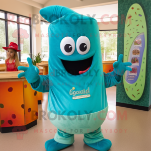 Teal Enchiladas mascot costume character dressed with a Polo Shirt and Beanies