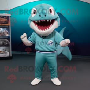 Teal Megalodon mascot costume character dressed with a Polo Shirt and Cummerbunds