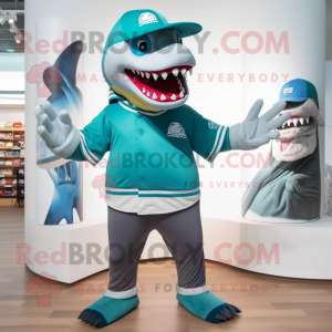 Teal Megalodon mascot costume character dressed with a Polo Shirt and Cummerbunds