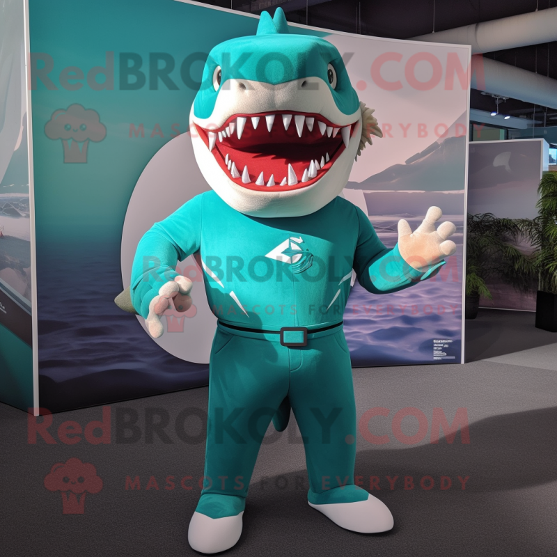 Teal Megalodon mascot costume character dressed with a Polo Shirt and Cummerbunds