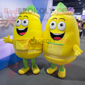 Lemon Yellow Burgers mascot costume character dressed with a Blouse and Backpacks