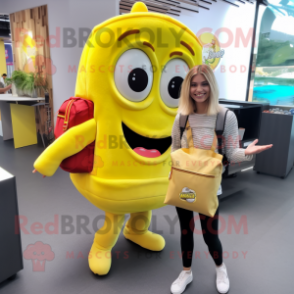 Lemon Yellow Burgers mascot costume character dressed with a Blouse and Backpacks