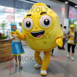 Lemon Yellow Burgers mascot costume character dressed with a Blouse and Backpacks