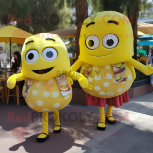 Lemon Yellow Burgers mascot costume character dressed with a Blouse and Backpacks
