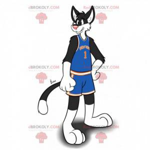 Mascote gato preto e branco em roupas esportivas -
