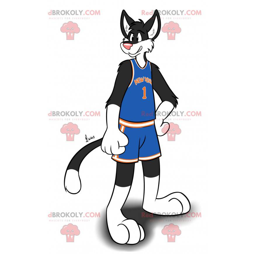 Mascotte de chat noir et blanc en tenue de sport -