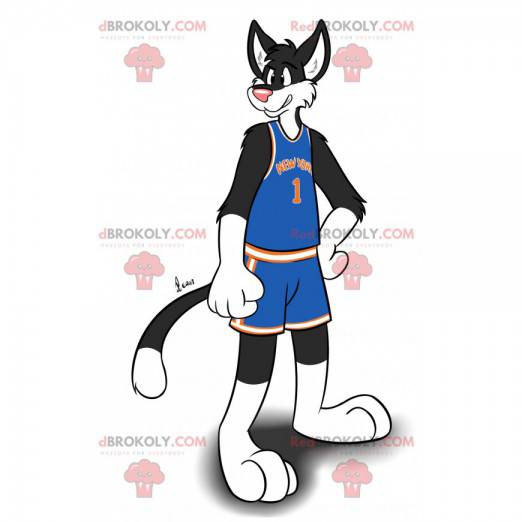 Mascotte de chat noir et blanc en tenue de sport -