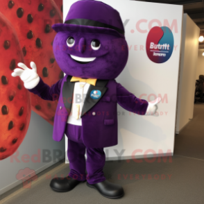 Purple Raspberry mascot costume character dressed with a Blazer and Shoe clips