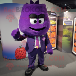 Purple Raspberry mascot costume character dressed with a Blazer and Shoe clips