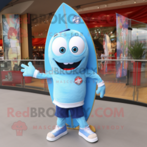 Sky Blue Surfboard mascot costume character dressed with a Boyfriend Jeans and Keychains