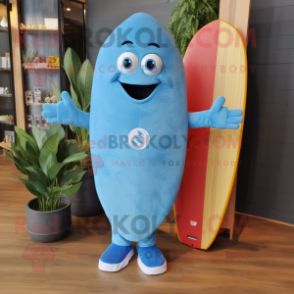 Sky Blue Surfboard mascot costume character dressed with a Boyfriend Jeans and Keychains