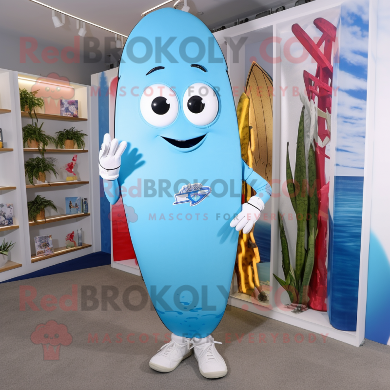 Sky Blue Surfboard mascot costume character dressed with a Boyfriend Jeans and Keychains Sky Blue Surfboard mascot costume character dressed with a Boyfriend Jeans and Keychains