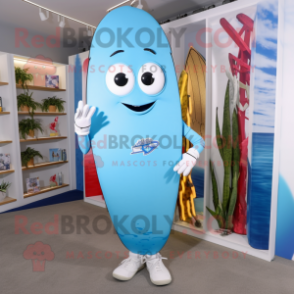 Sky Blue Surfboard mascot costume character dressed with a Boyfriend Jeans and Keychains