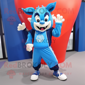 Sky Blue Devil mascot costume character dressed with a Windbreaker and Headbands