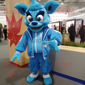 Sky Blue Devil mascot costume character dressed with a Windbreaker and Headbands