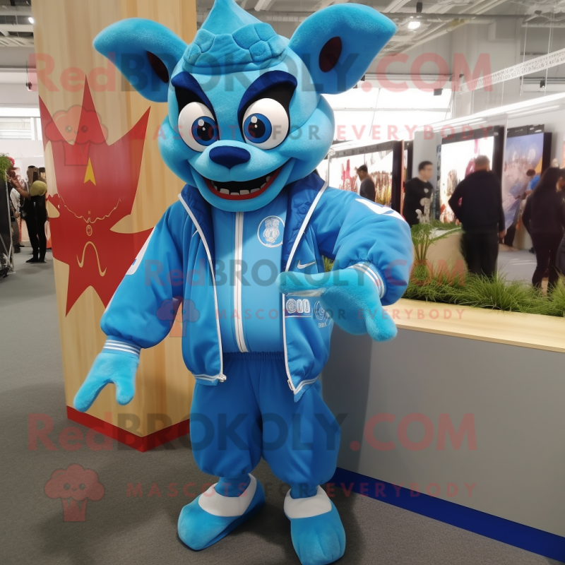 Sky Blue Devil mascot costume character dressed with a Windbreaker and Headbands Sky Blue Devil mascot costume character dressed with a Windbreaker and Headbands