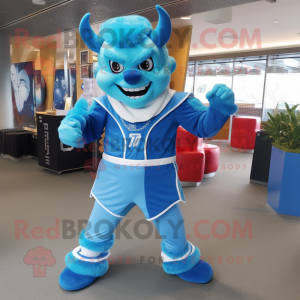 Sky Blue Devil mascot costume character dressed with a Windbreaker and Headbands