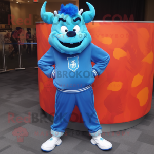 Sky Blue Devil mascot costume character dressed with a Windbreaker and Headbands