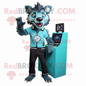 Cyan Hyena mascot costume character dressed with a Jumpsuit and Ties