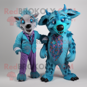 Cyan Hyena mascot costume character dressed with a Jumpsuit and Ties