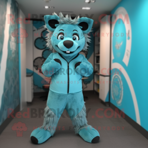 Cyan Hyena mascot costume character dressed with a Jumpsuit and Ties