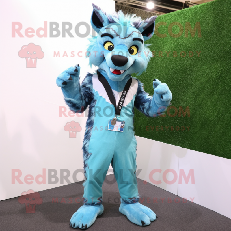 Cyan Hyena mascot costume character dressed with a Jumpsuit and Ties