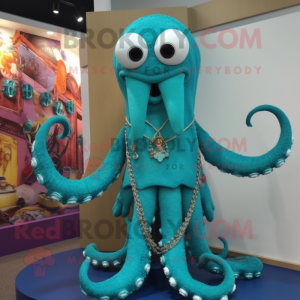 Turquoise Kraken mascot costume character dressed with a Blouse and Necklaces