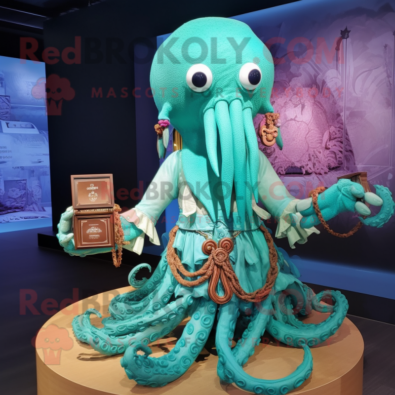 Turquoise Kraken mascot costume character dressed with a Blouse and Necklaces Turquoise Kraken mascot costume character dressed with a Blouse and Necklaces