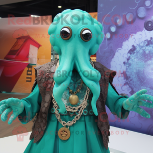 Turquoise Kraken mascot costume character dressed with a Blouse and Necklaces