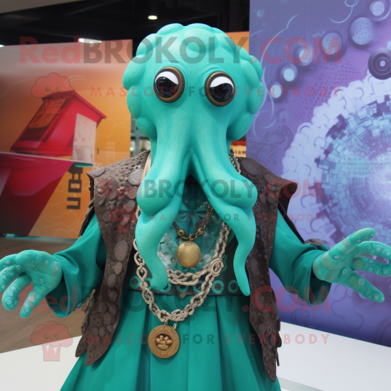 Turquoise Kraken mascot costume character dressed with a Blouse and Necklaces