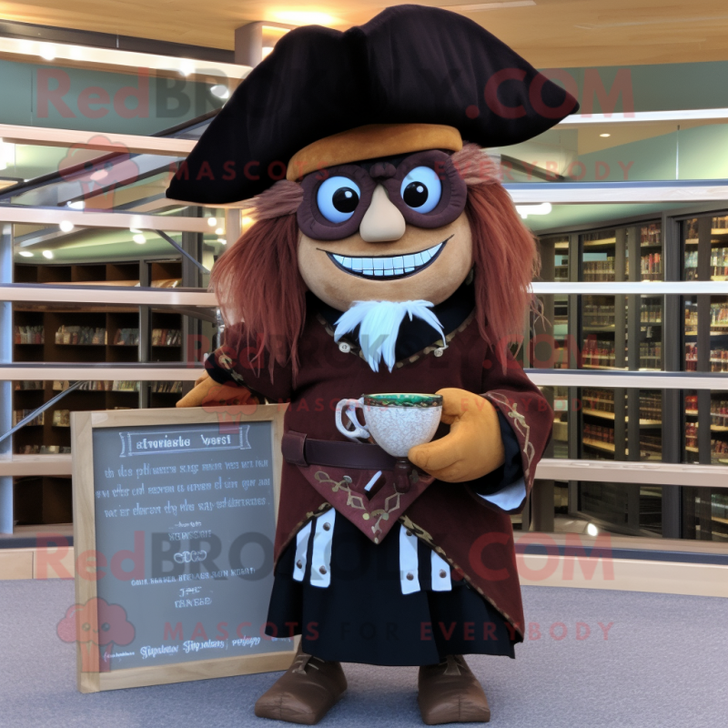 Brown Pirate mascot costume character dressed with a Cocktail Dress and Reading glasses