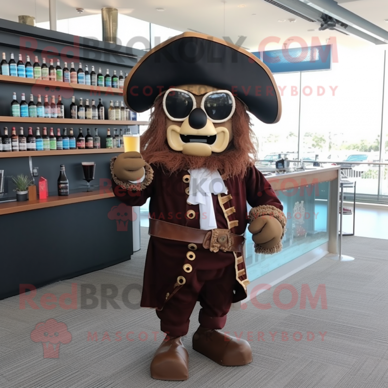 Brown Pirate mascot costume character dressed with a Cocktail Dress and Reading glasses