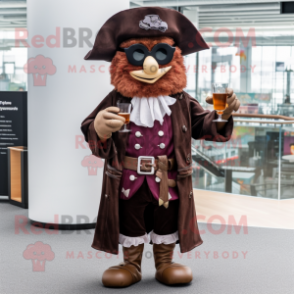 Brown Pirate mascot costume character dressed with a Cocktail Dress and Reading glasses