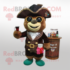 Brown Pirate mascot costume character dressed with a Cocktail Dress and Reading glasses