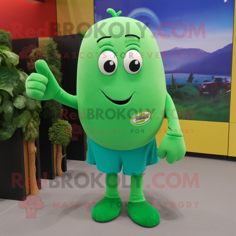 Green Green Bean mascot costume character dressed with a Polo Tee and Cufflinks