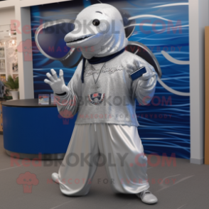 Silver Humpback Whale mascot costume character dressed with a Capri Pants and Bracelets