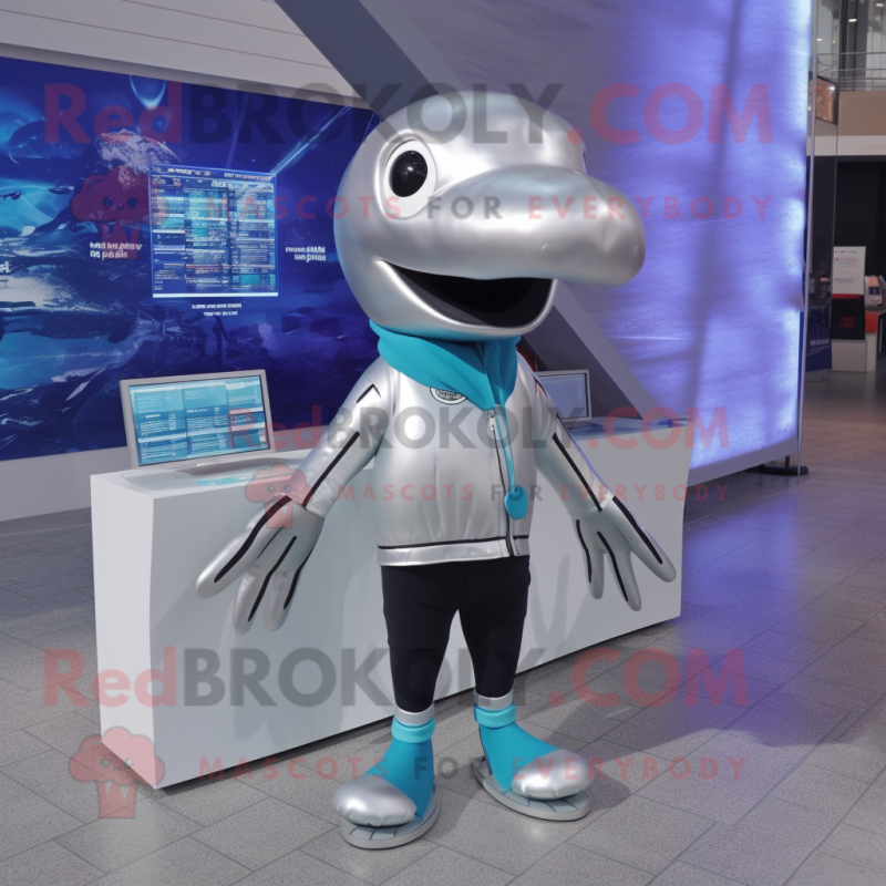 Silver Humpback Whale mascot costume character dressed with a Capri Pants and Bracelets