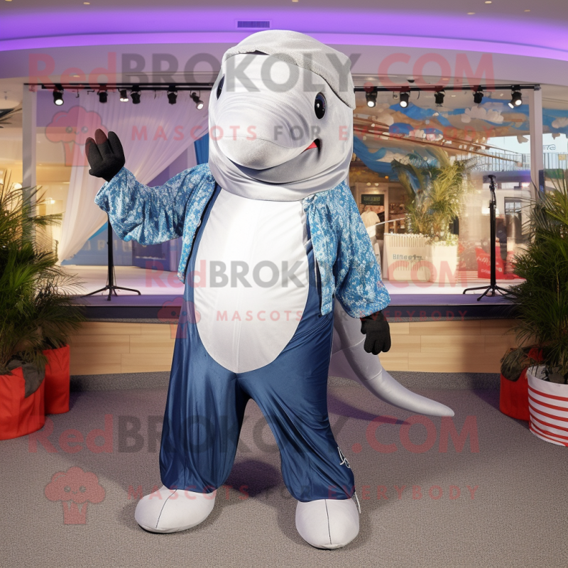 Silver Humpback Whale mascot costume character dressed with a Capri Pants and Bracelets