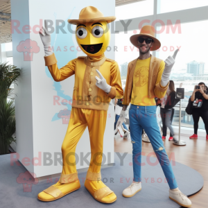 Gold Stilt Walker mascot costume character dressed with a Boyfriend Jeans and Keychains