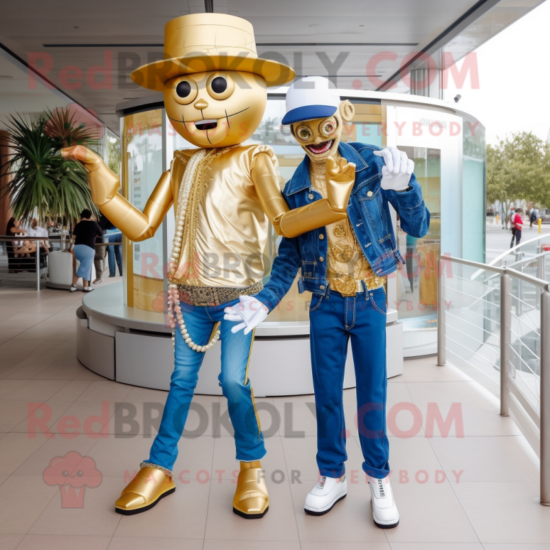 Gold Stilt Walker mascot costume character dressed with a Boyfriend Jeans and Keychains