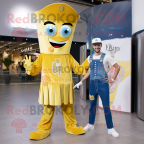 Gold Stilt Walker mascot costume character dressed with a Boyfriend Jeans and Keychains