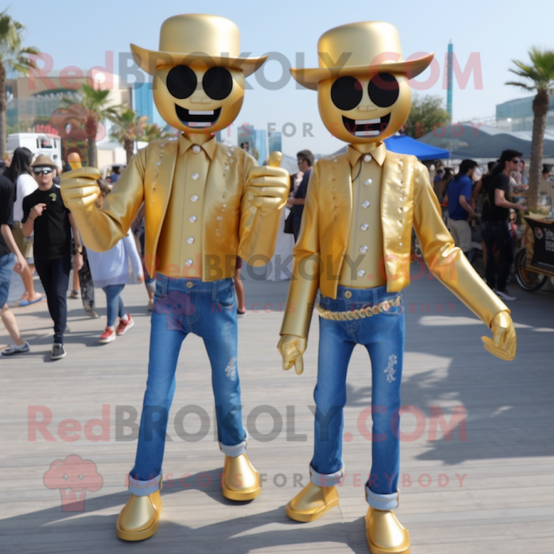 Gold Stilt Walker mascot costume character dressed with a Boyfriend Jeans and Keychains