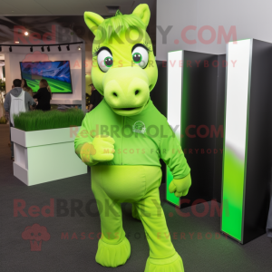 Lime Green Mare mascot costume character dressed with a Sweatshirt and Tie pins