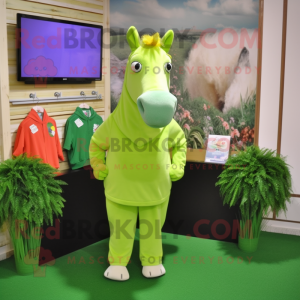 Lime Green Mare mascot costume character dressed with a Sweatshirt and Tie pins