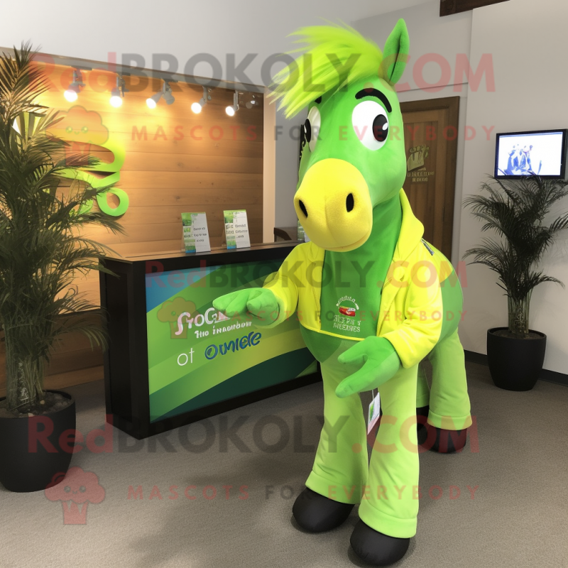 Lime Green Mare mascot costume character dressed with a Sweatshirt and Tie pins