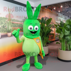 Green Carrot mascot costume character dressed with a Flare Jeans and Bracelet watches
