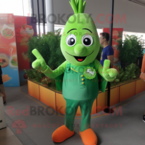 Green Carrot mascot costume character dressed with a Flare Jeans and Bracelet watches