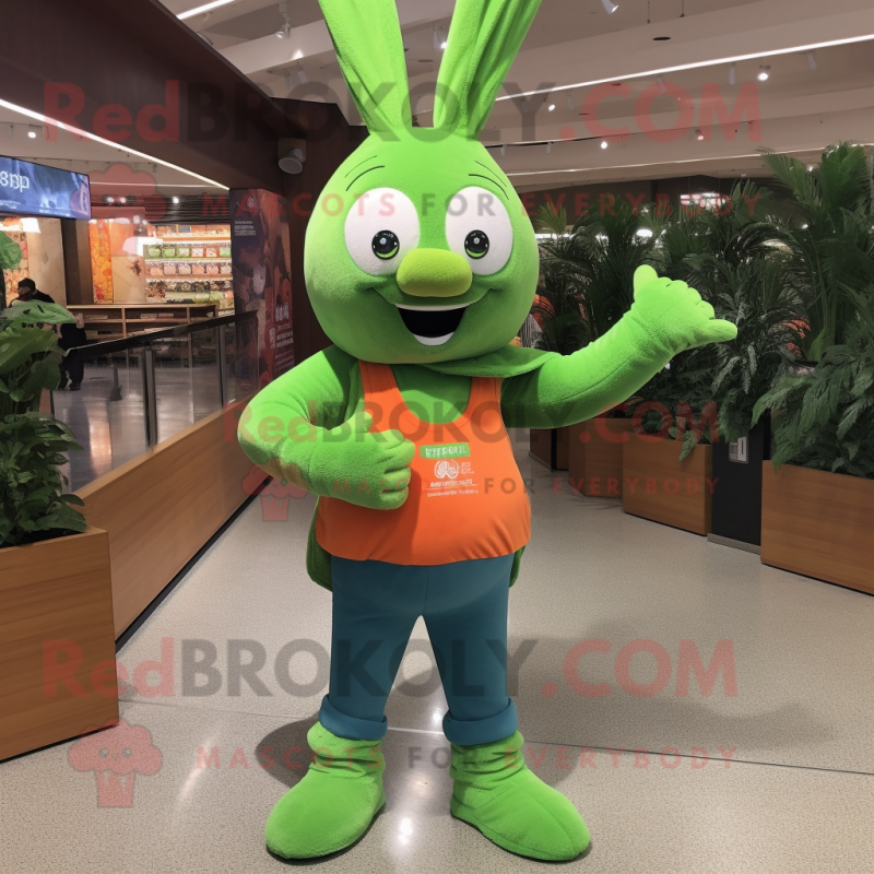 Green Carrot mascot costume character dressed with a Flare Jeans and Bracelet watches