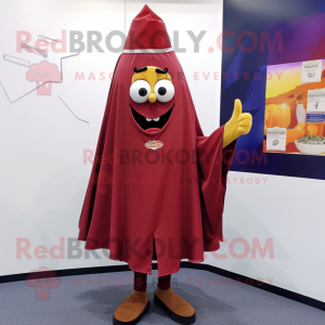 Maroon French Fries mascot costume character dressed with a Oxford Shirt and Shawl pins